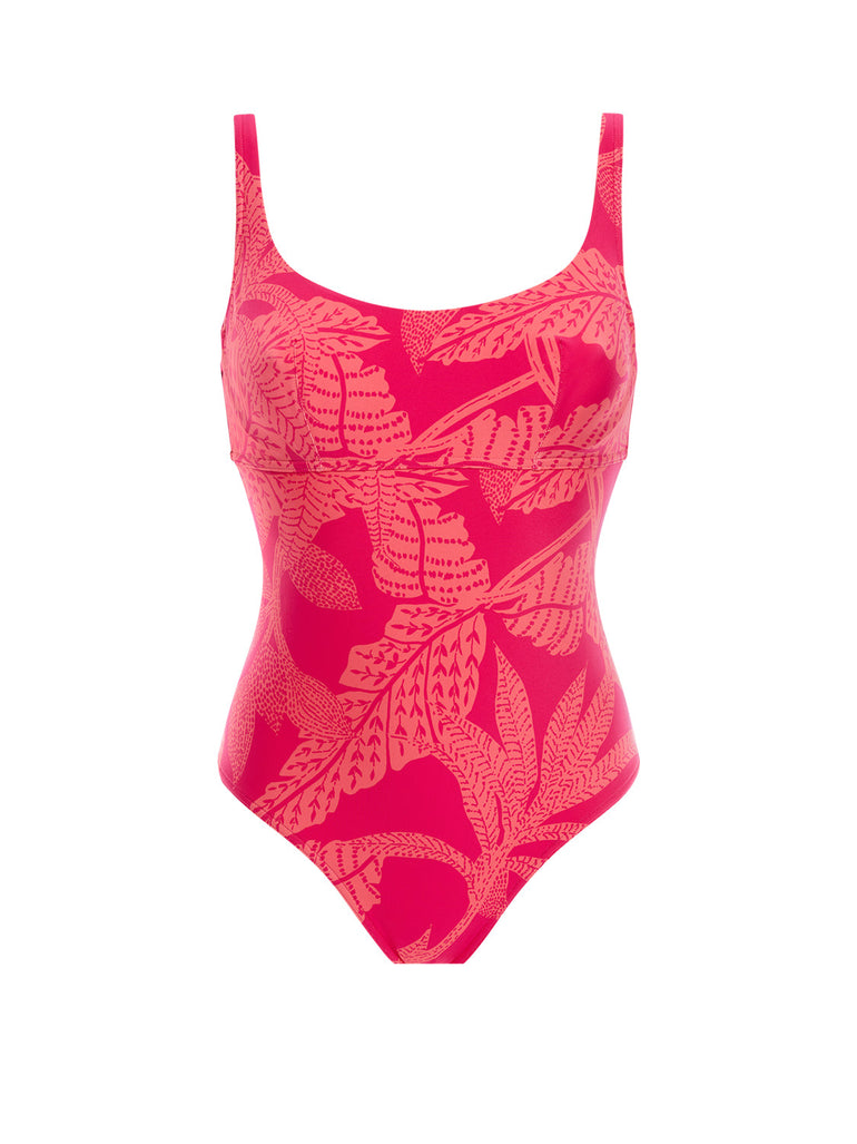 Badeanzug mit Bügeln. - Leuchtend-Rosa-Print