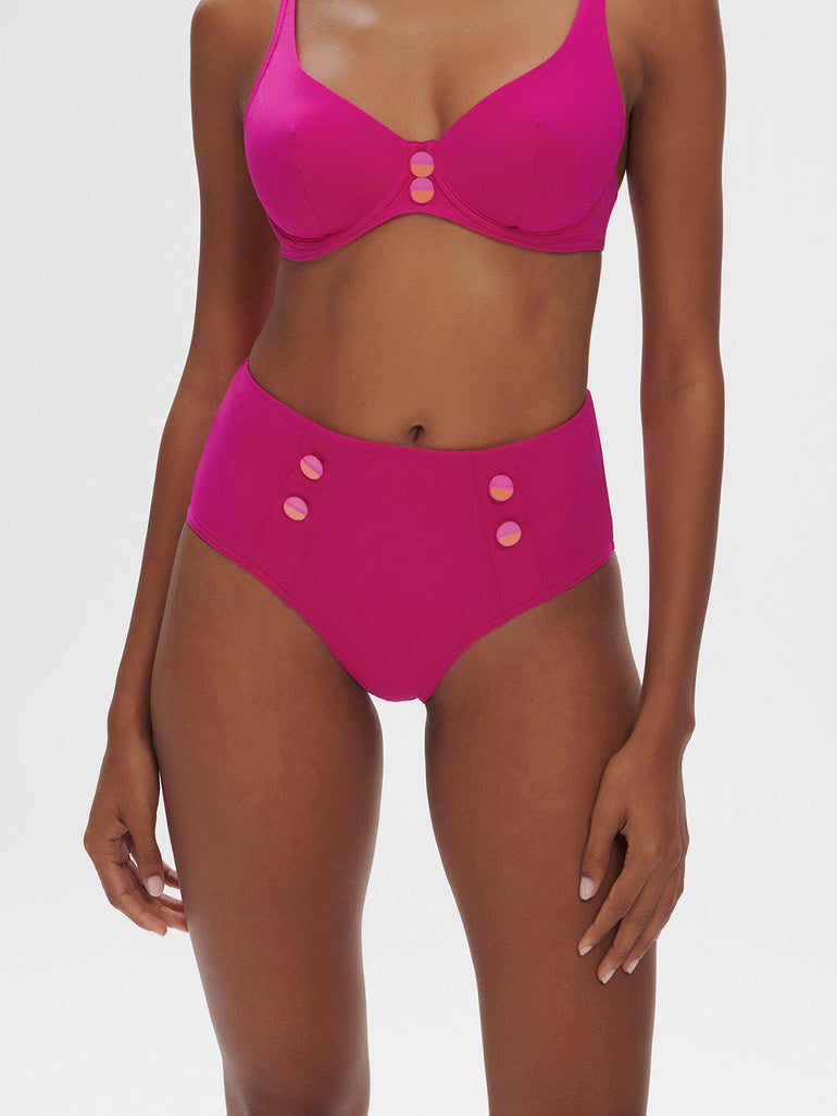Bikini-Slip mit hohem Bund. - Hibiskusrosa